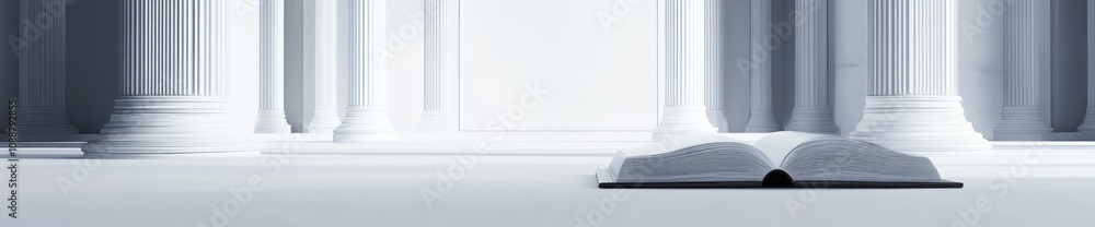 Poster An open book rests on a minimalist floor, surrounded by columns in a serene space.