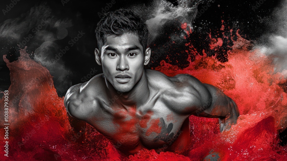 Poster a muscular man emerges from vibrant red splashes, emphasizing strength and dynamism.