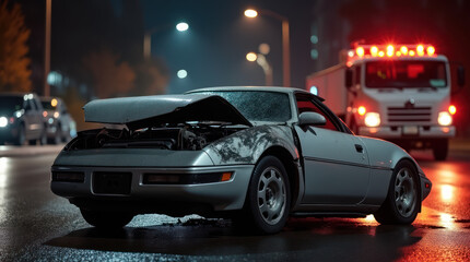 Fototapeta premium Silver Car Heavily Damaged in Nighttime City Street Accident