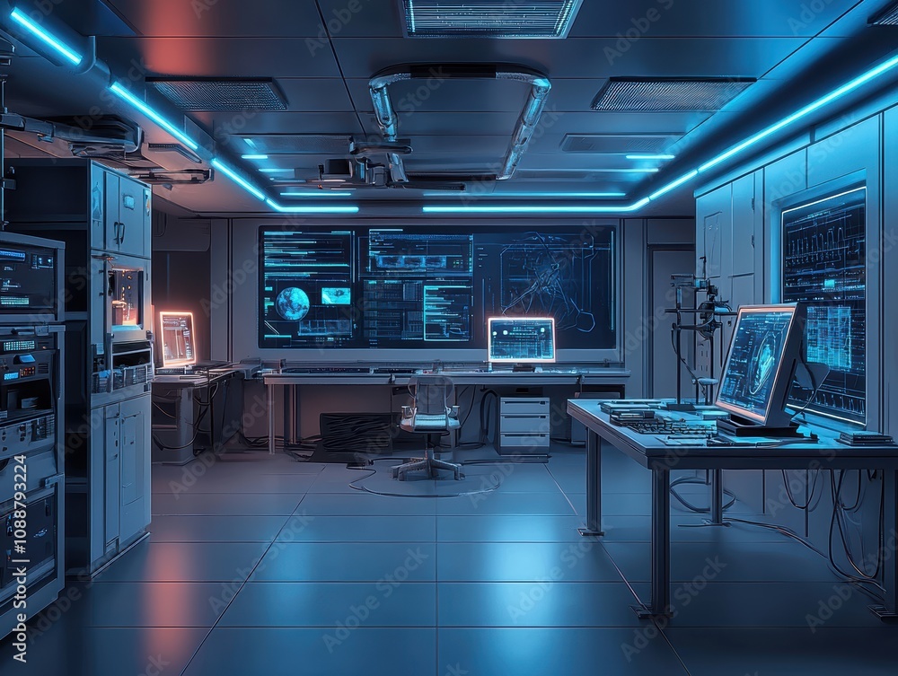 Poster futuristic control room with high-tech displays and digital interfaces in a sleek and modern environ