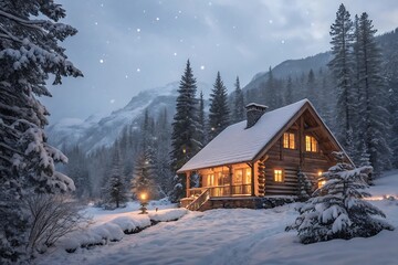 Abstract Beautiful scene featuring a solitary house with snowo, fog. Ai Generated