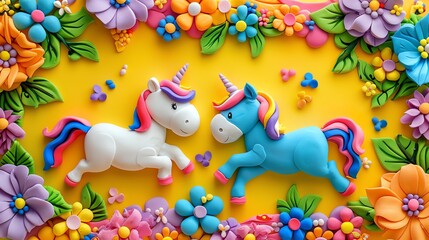 Naklejka premium Two model horses made of colorful playdough on a yellow background with flowers and leaves surrounding them.