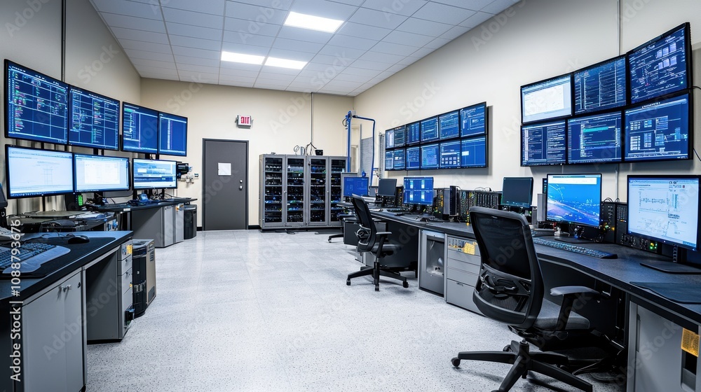 Poster A Modern Control Room Featuring Multiple Monitors, Advanced Technology, and a Sleek Design for Monitoring and Analyzing Data in Real-Time Environments