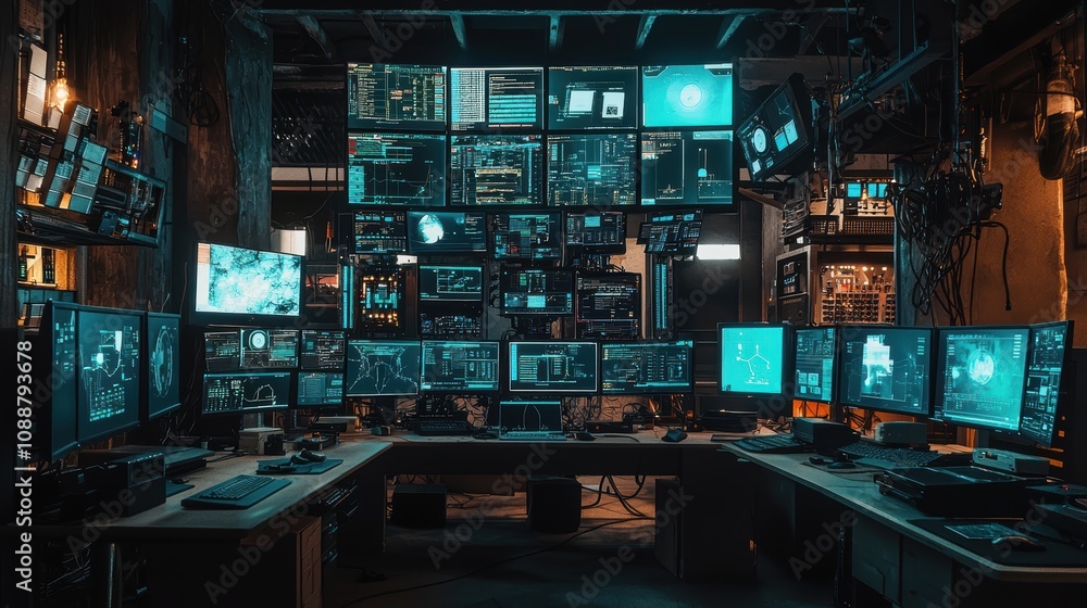 Aufkleber high-tech control room with multiple display screens showing advanced data analytics and monitoring 