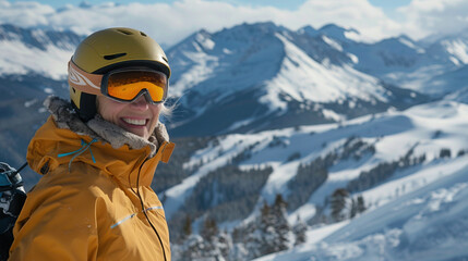 Winter sport. Female coach trainer dressed in an black snowboard suit smiles into camera standing on peak of mountain. Copy paste empty place for text