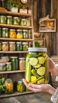 Shopkeeper holding jar of pickles in preserved food store
