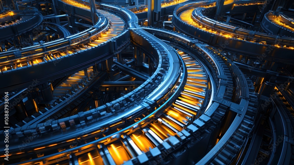 Poster futuristic network of intertwined metallic tracks with glowing elements captured in high-resolution 