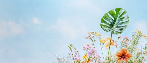 Minimalist Vintage Tropical Foliage and Flower Scene