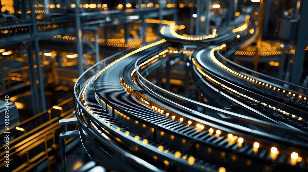 Poster intricate conveyor system illuminated by soft glow in modern industrial facility showcasing advanced