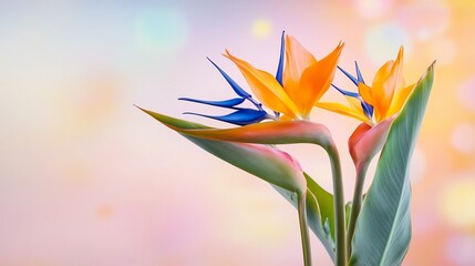 Vibrant Bird of Paradise Flowers with Vintage Textures on Soft Pastel Background