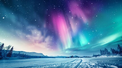 The Northern Lights (Aurora Borealis) illuminate the night sky over a snowy landscape.