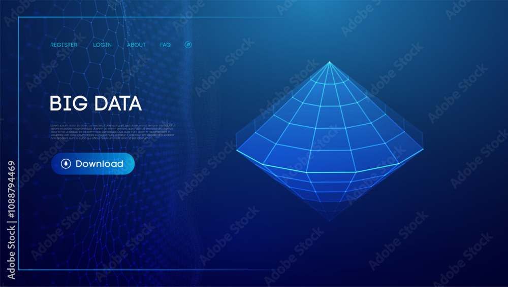 Poster futuristic big data interface with 3d geometric wireframe and download feature.