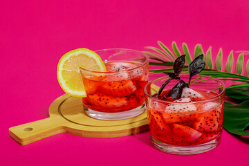 Dragon fruit refreshment drink. Pitaya tropical beverage, smoothie, cocktail. Sweet lemonade
