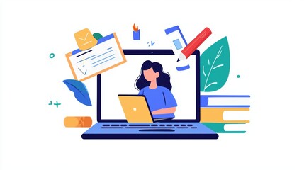 Illustrative Image of a Young Woman Engaged in Online Learning with a Laptop Surrounded by Stationery Items, Notebooks, and Creative Office Tools