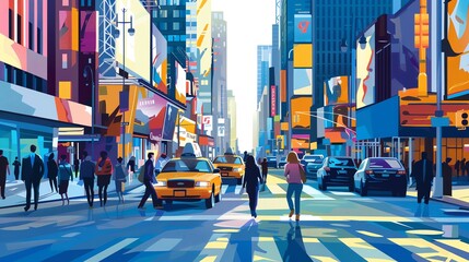 A colorful, cartoon-style city street with people walking.