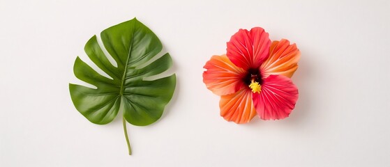 Fototapeta premium High Monstera Leaf and Vibrant Hibiscus Flower in Linear Arrangement