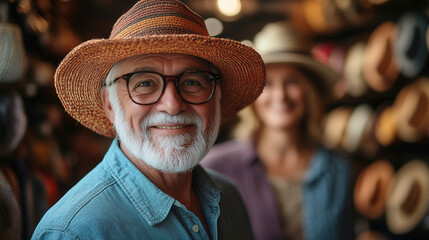 Elderly man smiling while trying on a straw hat in a hat shop during the day with a woman in the background. Generative AI