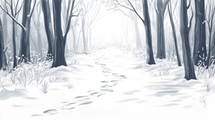 A serene winter landscape with a snow-covered path and trees in a foggy atmosphere.