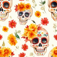 A decorative pattern featuring colorful skulls and flowers, inspired by Day of the Dead.