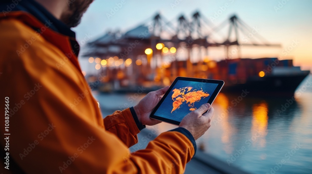 Poster person using tablet to view global map at dusk in port with container ships and cranes, highlighting
