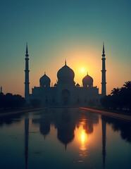 Silhouette of a mosque with domes and minarets with its reflection in the water against an orange and blue sky at sunset, islamic background design