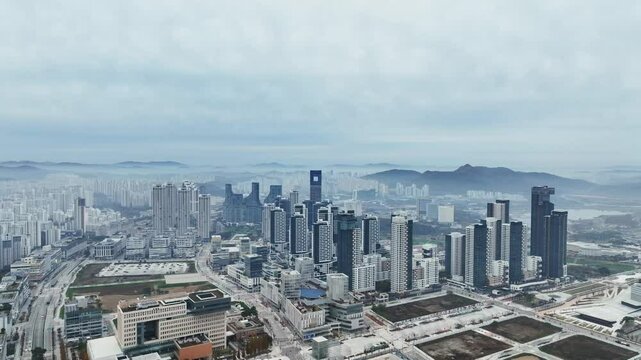 Drone View of Sejong City in South Korea, Park, Autumn, 60fps