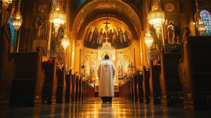 A man in a white robe stands in a long church with many pews