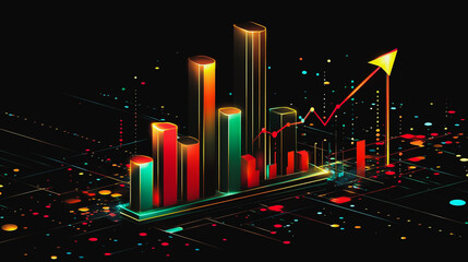 Abstract black background with 3D Colorful charts and graphs with statistics to innovative analyze business potential and forecast future development of companies growth.