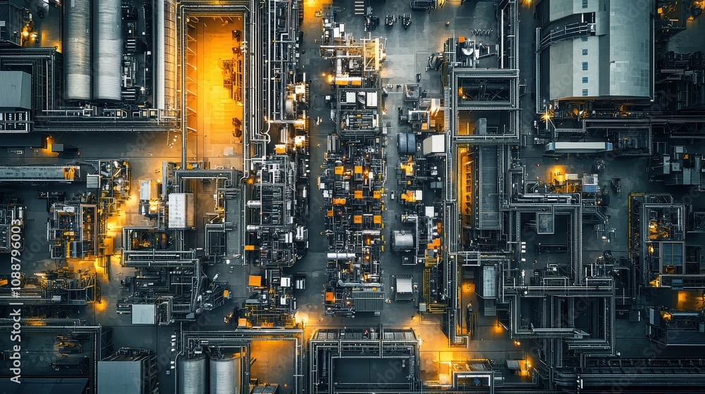 Poster aerial view of industrial complex with machinery, pipes, and illuminated areas highlighting the comp