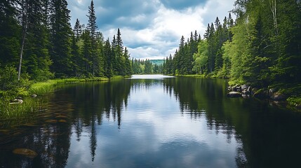Obraz premium Serene lake reflecting forest, nature landscape