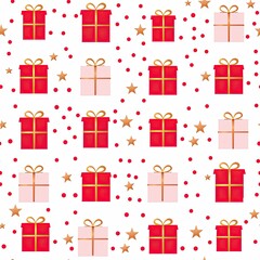 Red Christmas gifts and gold,red stars on a white background, forming a seamless, minimalistic pattern perfect for festive designs.