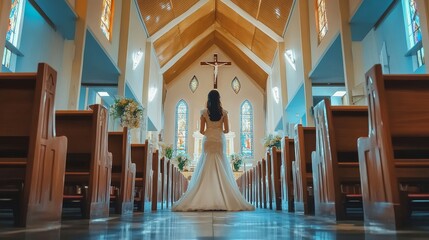 A bride is standing in a church with a cross above her head