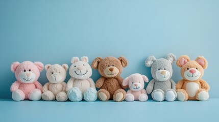 Six adorable plush toy animals sit together on a light blue background.