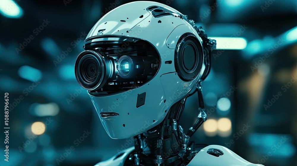 Poster close-up of a futuristic robot's head with a camera eye in a tech environment.
