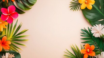 Vibrant Tropical Floral Flatlay on Soft Gradient Background