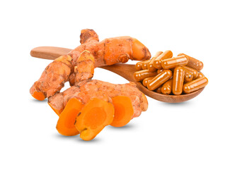 Fresh turmeric and turmeric powder on white background