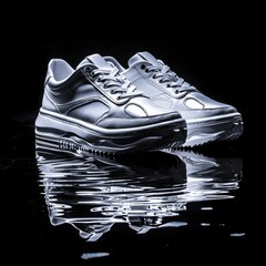 Sleek White Sneakers Reflected on Glossy Surface with Dramatic Lighting Showcasing Modern Design and Fashionable Aesthetic Appeal