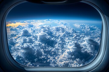Fototapeta premium Majestic Aerial View of Cumulus Clouds from Airplane Window at Sunset