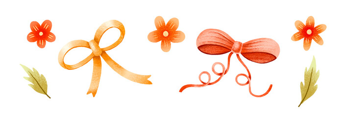 Hand drawn bows. Bow illustration and flowers. Illustration on isolated background