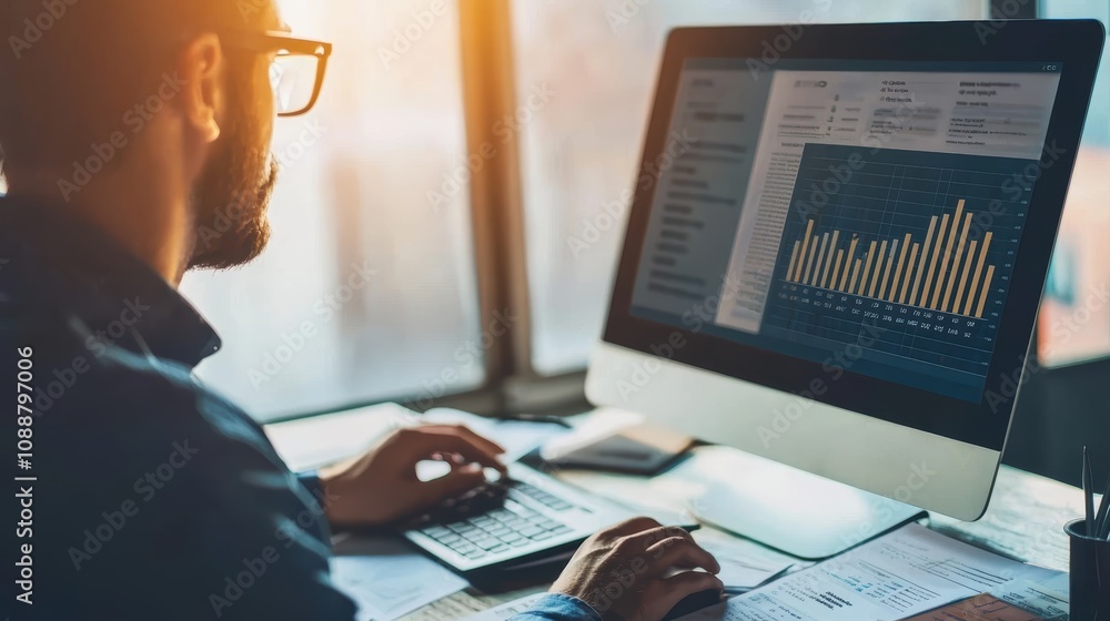 Poster professional man analyzing data charts on computer screen while working in a modern office environme