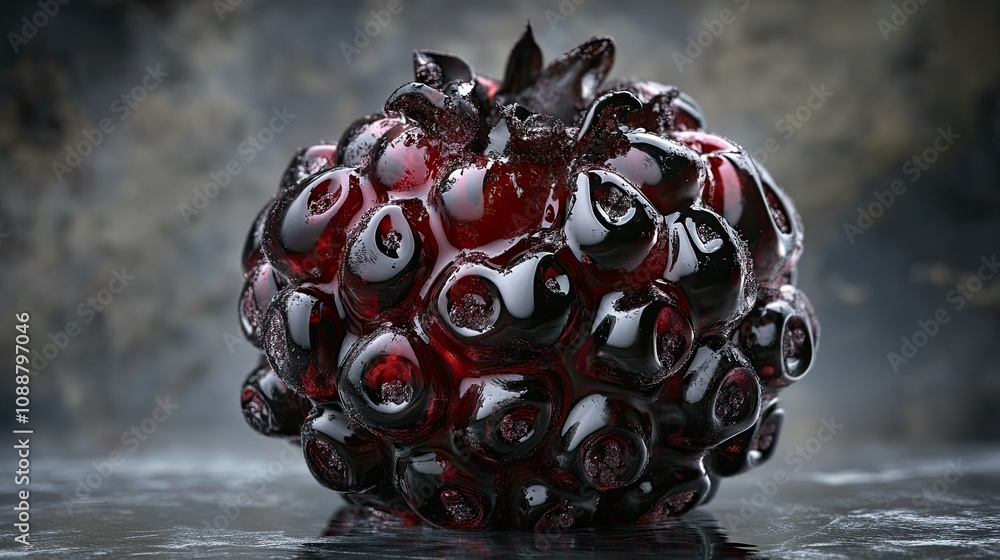 Aufkleber glossy dark red fruit with bumpy texture on dark background.