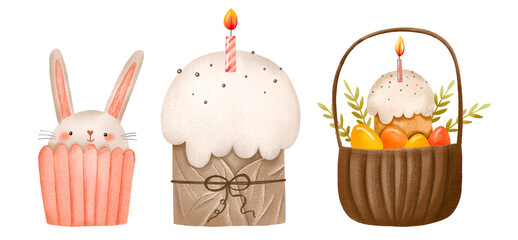 Easter cakes, basket with eggs and bread. Hand drawn Easter spring illustration. Easter food