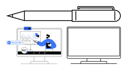 Online webinar conducted on a computer with data charts, audio recording symbol, and a pen. Ideal for educational content, virtual meetings, online training, business seminars, tutorials, workshops