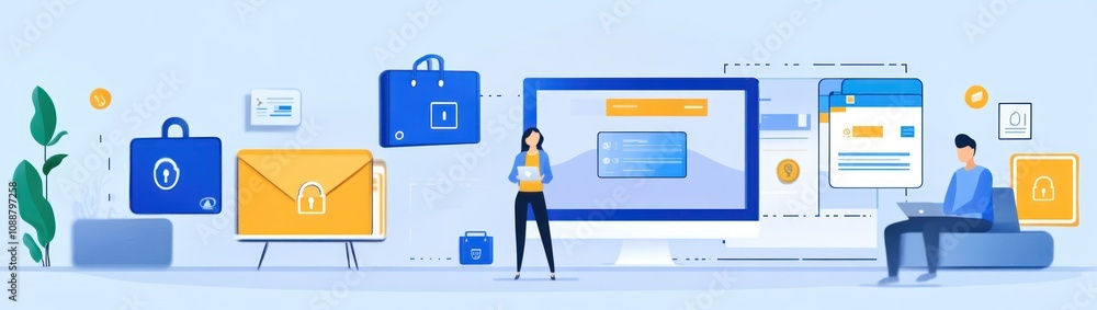 Aufkleber digital security illustration featuring a woman and various secure elements.