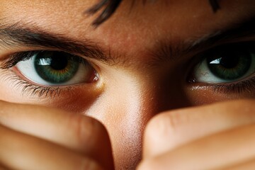 Fototapeta premium Close-up of a boy's intense gaze with green eyes and focused expression highlighting emotions and curiosity