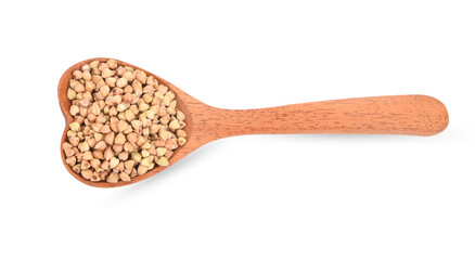 Buckwheat in wooden spoon on white background