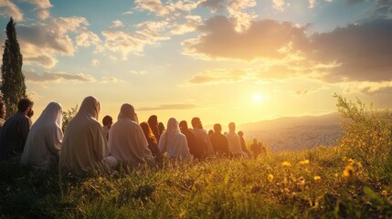 Group of People Silhouetted Against a Sunset Over a City