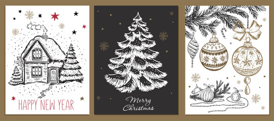 Christmas toy, tree, star, house, set, Hand drawn illustration	
