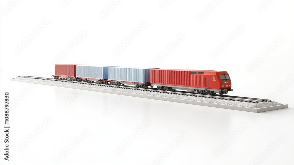 Poster a model train with container cars on a track, showcasing transport and logistics.