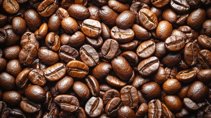 Obraz premium Close-up of rich, roasted coffee beans showcasing their texture and color.